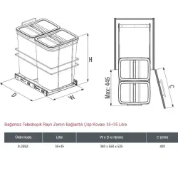 Starax 2592 Bağımsız Teleskopik Raylı Zemin Bağlantılı Çöp Kovası Antrasit 35+35 Litre Modül 40cm (S-2592-A) - 3