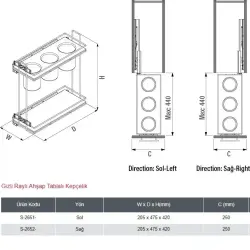 Starax 2652 Gizli Raylı Ahşap Tablalı Kepçelik Frenli Antrasit Sağ Modül 25cm (S-2652-A) - 3