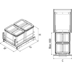 Starax Kapağa Monte Teleskopik Raylı Zemin Bağlantılı Çöp Kovası 12+12 Litre Gri 40cm (S-2581-G) - 3